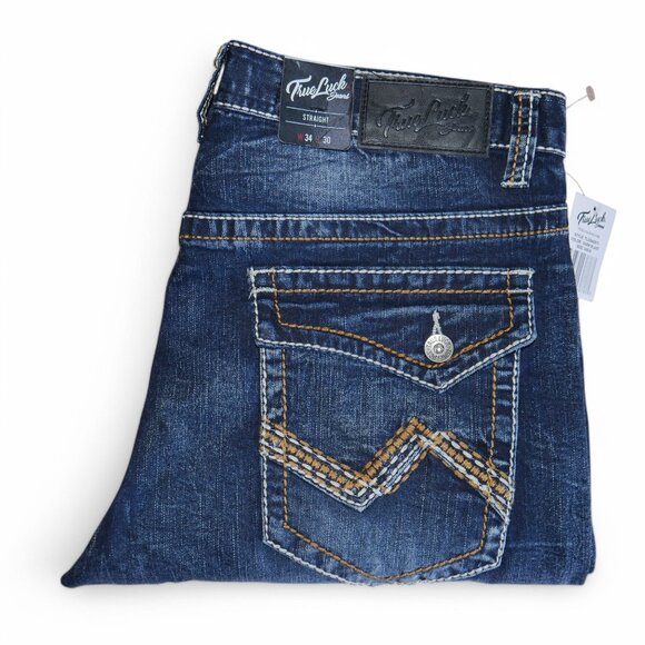 True Luck Straight Leg Jeans Dark Wash Denim Men's Size 34x30 Thick Stitch BKE - Picture 1 of 8